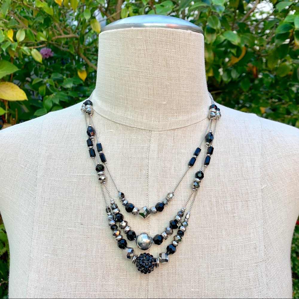 Vintage Triple-Strand Black & Silver Beaded Necklace